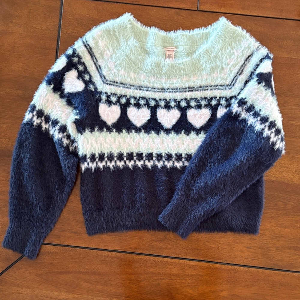 Victoria’s Secret Fuzzy Sweater - Navy, Mint Green and White. Size Small
